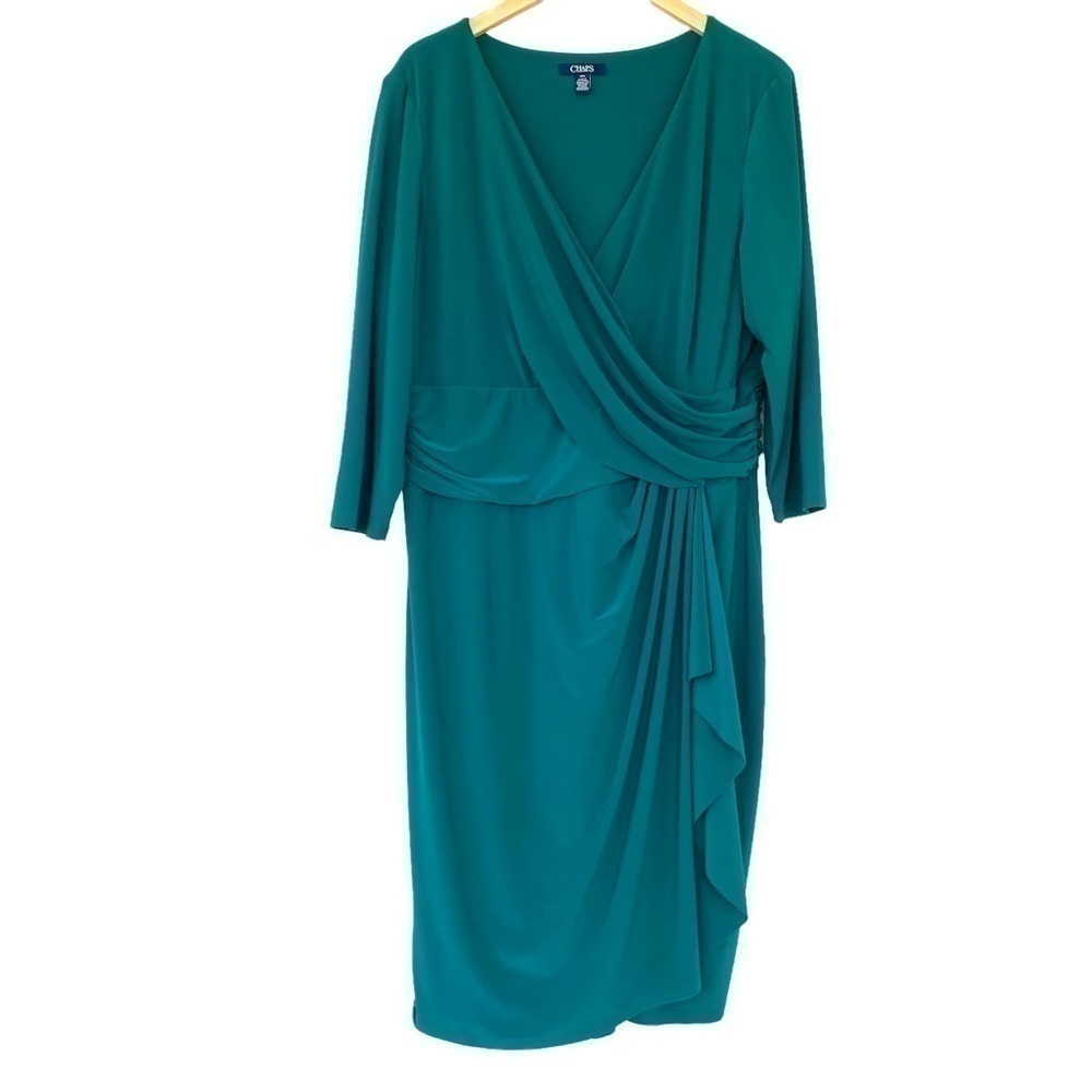 Chaps faux wrap midi dress, surplice top and ruched waist,  stretch, plus size